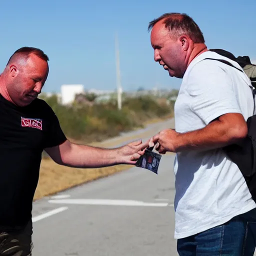 Prompt: alex jones begging for money on the side of the road