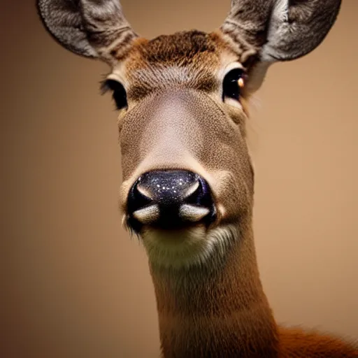 Image similar to hyperrealistic mugshot of a deer, photorealistic, 8k octane render, trending on art station, stunning visuals