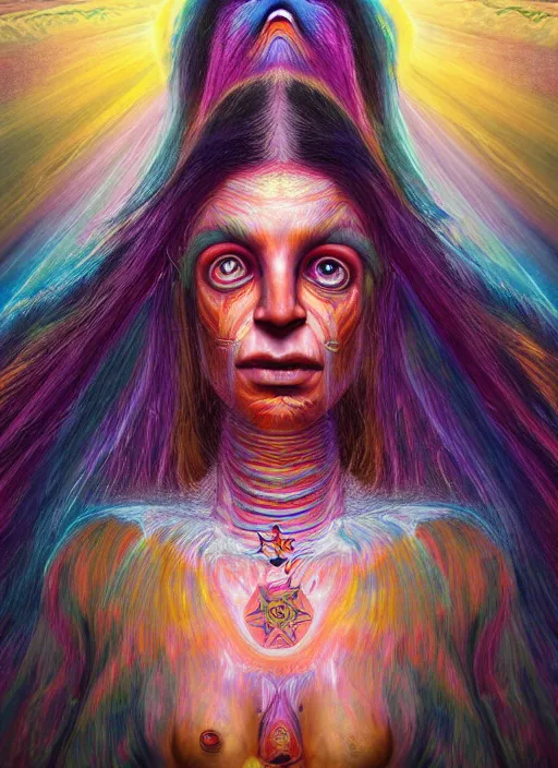 Image similar to portrait ultra dimensional cult girl shaman, accidentally tripping on dmt and acid, psychedelic experience, ascending through the fifth dimension moving at the speed of light and sitting still, ultra high definition, unreal engine 5, hyperrealism, masterpiece composition, by peter kemp, casey weldon, barclay shaw