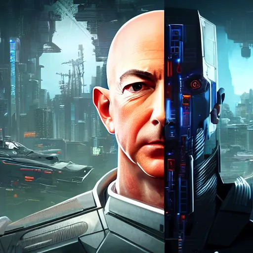 Prompt: front view, imposing, ominous portrait of Jeff Bezos as a cyberpunk 2077 loading screen, symmetry, front view, intricate, studio, art by anthony macbain + greg rutkowski + alphonse mucha, concept art, 4k, sharp focus