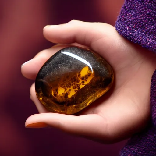 Prompt: human female trapped inside amber stone held in palm of hand