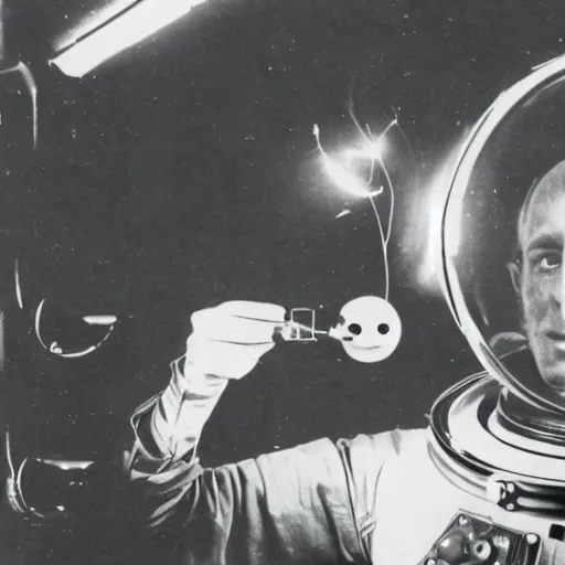 Prompt: old photograph of an astronaut in a futurist lab doing occult experiments on an alien