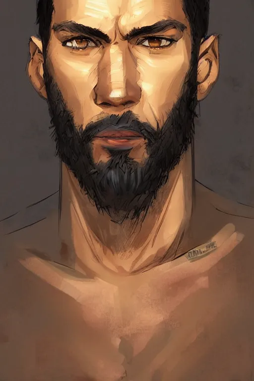 Prompt: very detailed portrait of a rugged man in his early thirties, strong jaw, deep black eyes, latino features, wearing a black!! t - shirt, earthy color scheme, by wlop and krenz cushart and artgerm, 9 0 s style, detailed eyes, starry background, trending, on artstation.