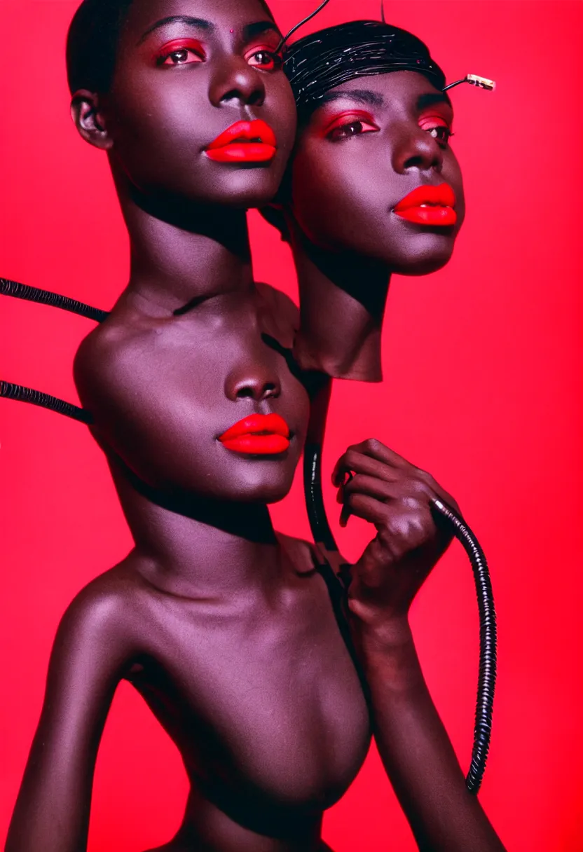 Image similar to medium shot, photograph of alluring dark skin young woman looking into camera, red lipstick, hundreds of cables and wires extruding from her head, sharp focus,, chromatic abberations, as fashion editorial 90s, kodak ektachrome