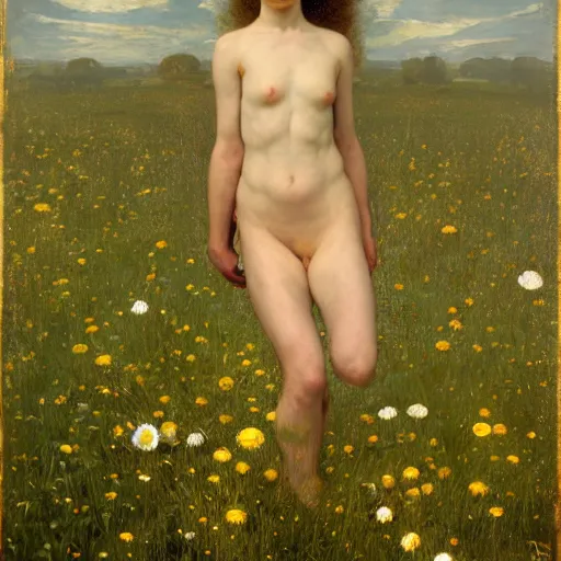 Image similar to a tiny chamomile in the meadow | highly detailed oil painting, hyperrealistic, very intrincate | cinematic lighting, award - winning | by roberto ferri, gustav klimt, william waterhouse and tom bagshaw | by austin osman spare and william blake, trending on artstation, cgsociety, official art, octane.