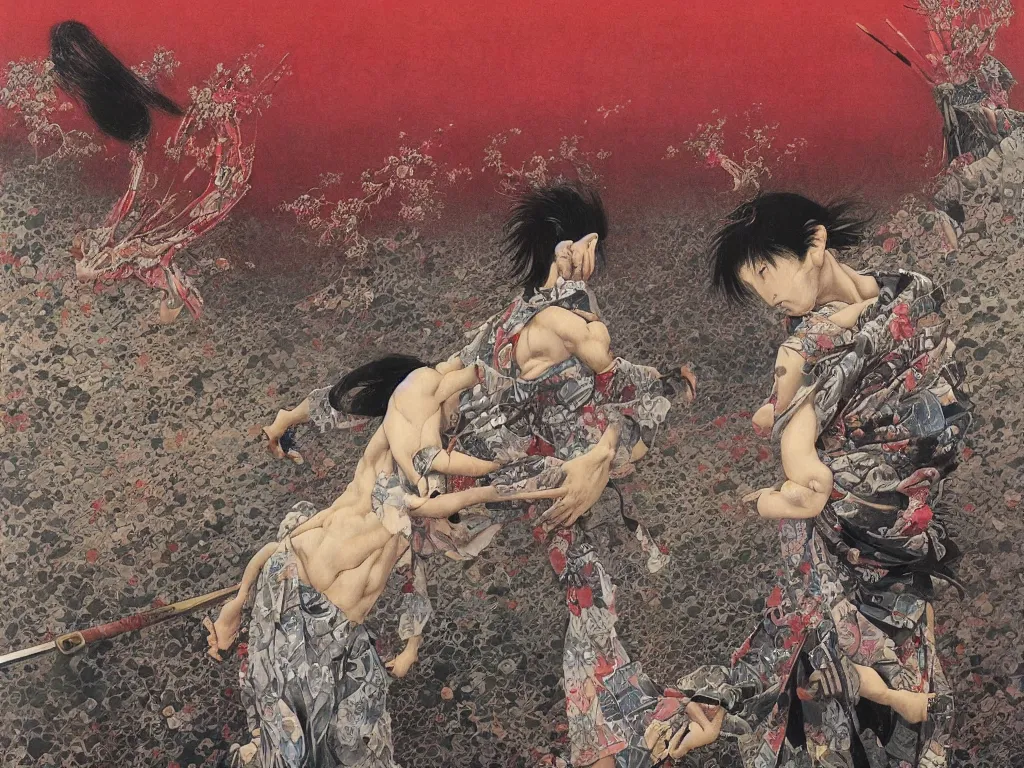Image similar to japanese schoolgirl runs away from samurai with a katana on the subway, high detailed beksinski painting, part by adrian ghenie and gerhard richter. art by takato yamamoto. deep colours