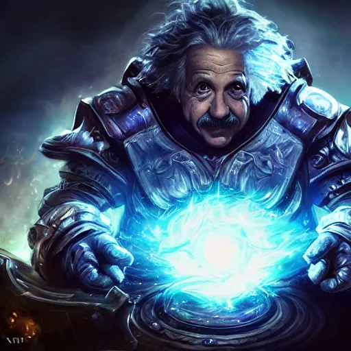 Image similar to portrait of albert einstein as a spellcaster, league of legends amazing splashscreen artwork, gears of war, splash art, natural light, elegant, photorealistic facial features, intricate, fantasy, detailed face, atmospheric lighting, anamorphic lens flare, cinematic lighting, league of legends splash art, hd wallpaper, ultra high details by greg rutkowski