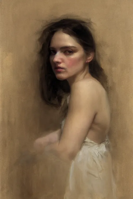 Image similar to Richard Schmid and Jeremy Lipking and Roberto Ferri full length portrait painting of a young beautiful woman