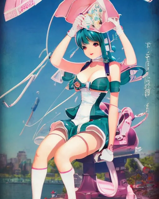 Image similar to Hatsune Miku full body pin up modeling in idol unioform, with a park in the back ground, post war style, detailed face, american postcard art style, by Gil Elvgren and krenz cushart