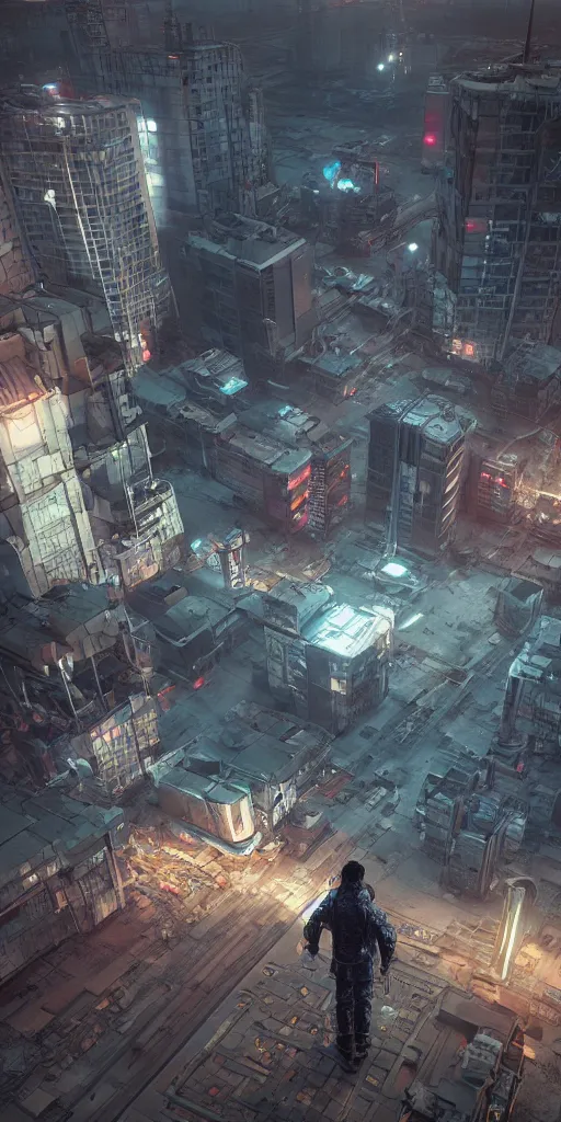 Prompt: a cyberpunk under-dweller in a Russian Moon city called New Norilsk, Koji Morimoto, rendered in unreal engine 3D, octane render, volumetric lighting, anti aliasing, clean linework