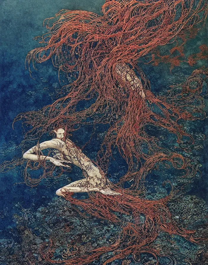 Prompt: a mermaid with big fins swimming deep underwater amongst seaweed and sea creatures, mermaid, beksinski painting, part by adrian ghenie and gerhard richter. art by takato yamamoto. masterpiece, dark and moody, deep colours, blue