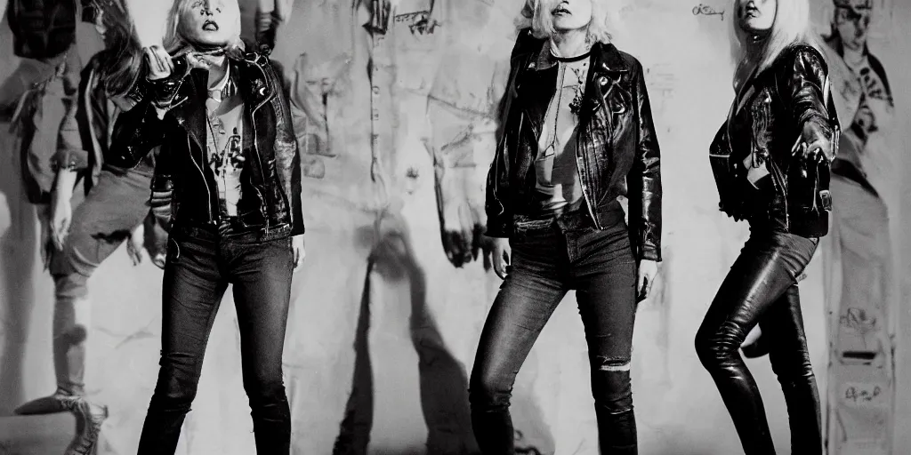 Image similar to young debbie harry as a wanderer with tattooed arms and legs wearing a scratched leather and ripped aviator leather jeans, wearing a short black jacket with rusty medals on it, character sheet, head details, props, concept design, contrast, kim jung gi, greg rutkowski, trending on artstation, 8 k, full body, turnaround, ultra wide angle, pincushion lens effect