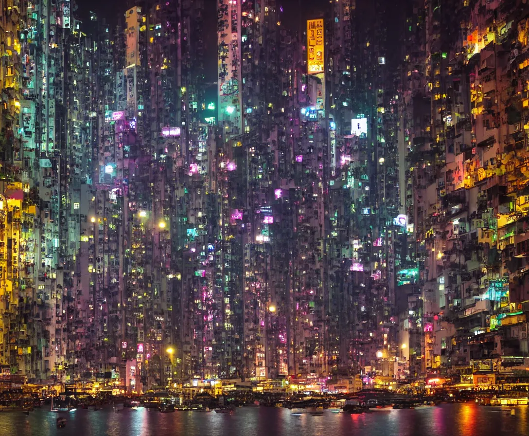 Image similar to hong kong in 2042, night time, rain, surreal atmosphere