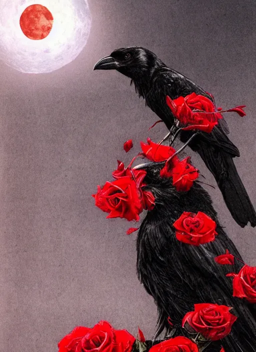 Image similar to portrait, A crow with red eyes in front of the full big moon, book cover, red roses, red white black colors, establishing shot, extremly high detail, foto realistic, cinematic lighting, pen and ink, intricate line drawings, by Yoshitaka Amano, Ruan Jia, Kentaro Miura, Artgerm, post processed, concept art, artstation, matte painting, style by eddie mendoza, raphael lacoste, alex ross