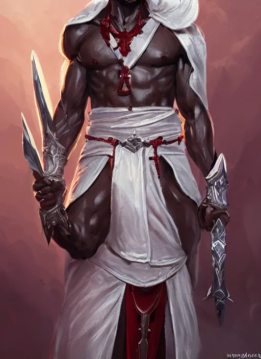 Image similar to a highly detailed illustration of sadistic white slick backed haired african warrior wearing priest robe with cross on chest, wielding blades made of blood, evil standing smiling pose, muscular, intricate, elegant, highly detailed, centered, digital painting, artstation, concept art, smooth, sharp focus, league of legends concept art, WLOP