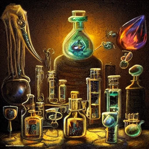 Image similar to dark mysterious scene of these monsters are consumed by fire, yet they remain unharmed. they are surrounded by the tools of the alchemist's trade - beakers and test tubes full of colorful liquids, crystals, and books of ancient knowledge. the scene is suffused with an eerie glow, as if something magical is happening here.