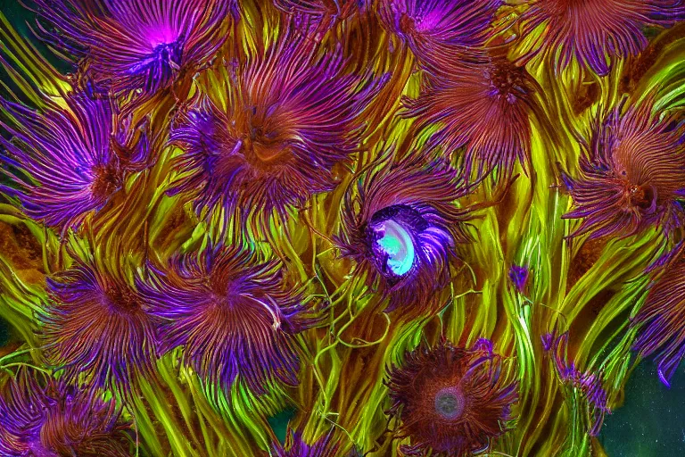 Prompt: beautiful macro photograph of bioluminescent alien anemone flowers with iridescent scaly petals | feathered tendrils | by Donato Giancola and Vermeer | subsurface scattering | deep rich colors | featured on Artstation