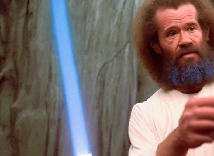 Prompt: screenshot of Bob Ross kneeling before the larger than life glowing blue spirit of qui gon jinn at a hazy lit ancient Jedi cathedral, screenshot from the 1970s star wars thriller directed by stanley kubrick, Photographed with Leica Summilux-M 24 mm lens, ISO 100, f/8, Portra 400, kodak film, anamorphic lenses