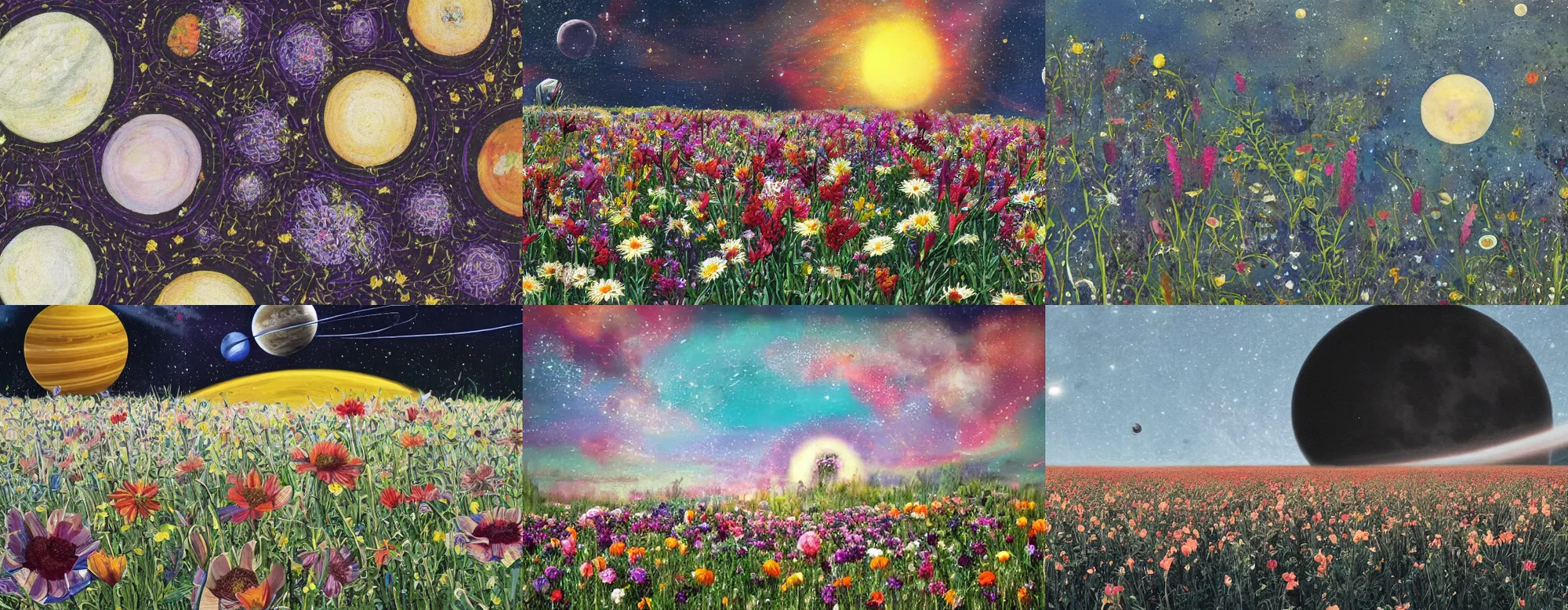 Image similar to Field of flowers with the planet Saturn in sky above