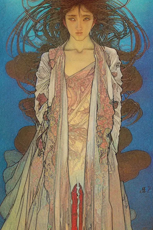 Prompt: alphonse mucha meet beksinski, japanese woman