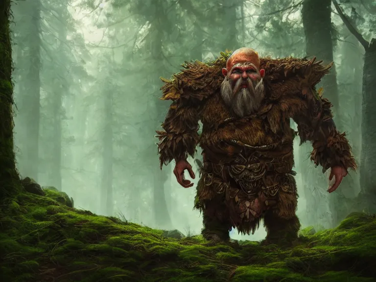 Prompt: Scared High Fantasy Dwarf Druid tripping through Haunted Forest, RPG Portrait Reference, Oil Painting, Trending on Artstation, octane render, Insanely Detailed, 8k, HD