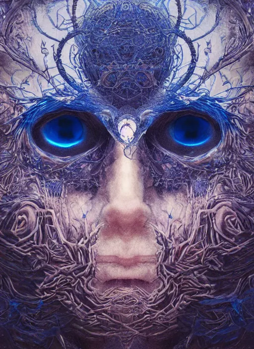 Prompt: Her huge ominous glowing blue eyes staring into my soul , perfect eyes, intricate stunning highly detailed, agostino arrivabene, WLOP, twisted dark lucid dream, 8k portrait render, raven angel wings, swirling thick smoke , beautiful lighting, dark fantasy art, cgsociety