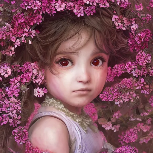 Image similar to the portrait of an absurdly cute, graceful, elegant, young arab baby girl made of cherry flowers and petals, an ultrafine hyperdetailed illustration by kim jung gi, irakli nadar, intricate linework, bright colors, octopath traveler, unreal engine 5 highly rendered, global illumination, radiant light, detailed and intricate environment