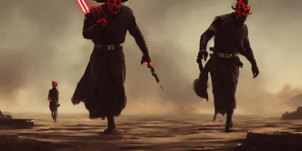 Image similar to a painting of a cinematic keyframe of a star wars mysterious darth maul walking into a cinematic landscape, heavy atmosphere and smoke by greg rutkowski, rule of thirds, golden ratio, ambient lighting, wlop, artgerm, artstation, highly detailed masterpiece, dark fantasy art, high detail, trending on artstation