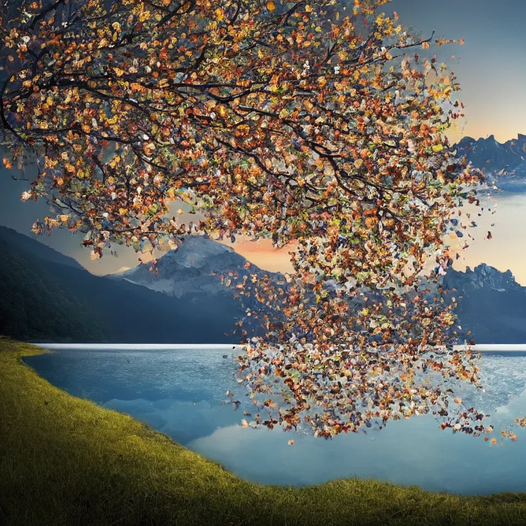 Image similar to a beautiful awesome artistic tree with falling flowers like leaves and many birds, all in the amazing outdoors view, mountain in the background, lake, long exposure, 8 k resolution, trending on artstation