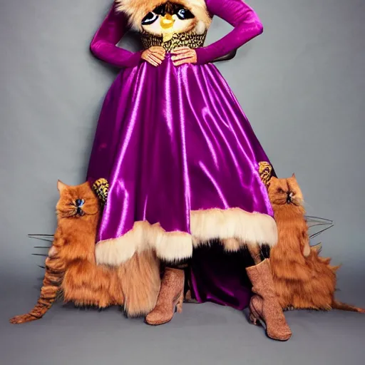 Image similar to a woman cosplaying puss in boots in an opera gown