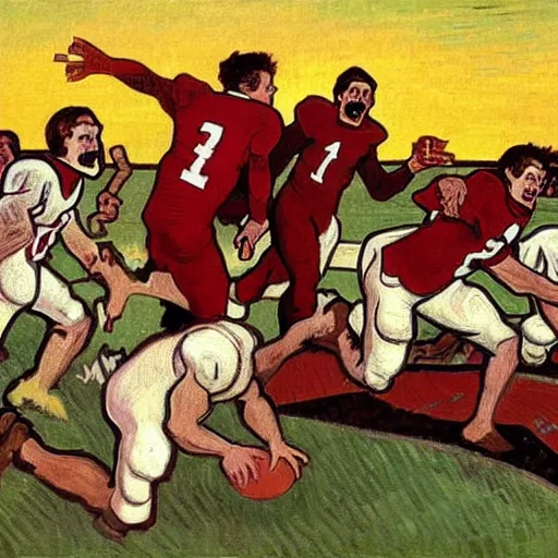 Prompt: painting of arkansas razorbacks playing football at the halloween! party, bubbling cauldron!, candles!, graveyard, gravestones, ghosts, smoke, autumn! colors, elegant, wearing suits!, clothes!, delicate facial features, art by alphonse mucha, vincent van gogh, egon schiele