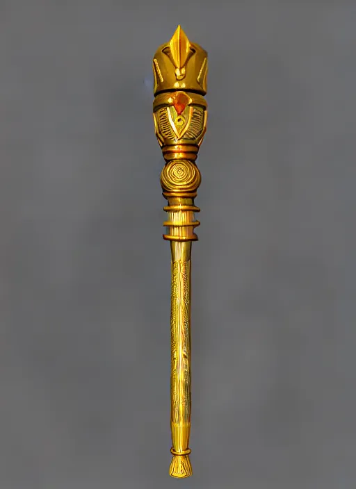 Image similar to rpg item render, a single egyptian gold staff, ancient symbols, bright, Unreal 5, DAZ, hyperrealistic, octane render, dynamic lighting