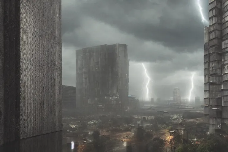 Image similar to a towering cathedral of brutalist architecture, metal, concrete, mist, rain, night, dramatic lighting, lightning bolt, trending on Artstation, 8k, highly realistic, hyper detailed, unreal engine 5, IMAX quality, realistic, cinematic, epic lighting, realistic, in the style of Greg Rutkowski