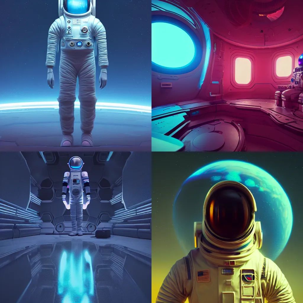 Prompt: conceprt art of a futuristic astronaut by mike winkelmann beeple, synthwave, cmyk, 3d render, unreal engine, matte, atmospheric, vivid
