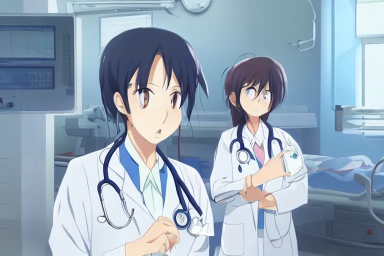 Image similar to a cute young lady, a doctor wearing white coat in hospital ward, slice of life anime, anime scenery by Makoto shinkai