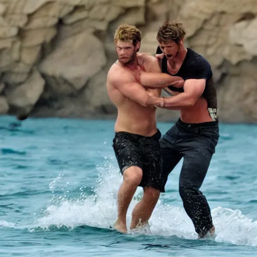 Image similar to chris hemsworth beating up liam hemsworth under the sea