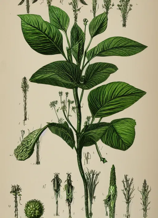 Image similar to fantasy scientific botanical illustration of a green tall plant walking around with human legs