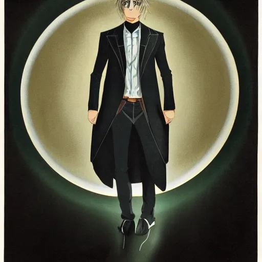 Image similar to an man in a dark longcoat standing on a geometric magic circle in a dramatic pose, anime art