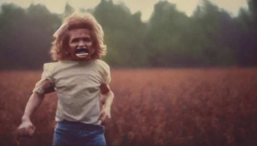 Image similar to 7 0 s film still from a horror movie about a young adult with no teeth in a field, kodachrome, cinecolor, cinestill, film grain, film texture, retro, cinematic, high resolution, photorealism,