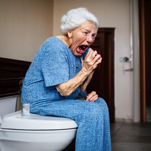 Image similar to elderly woman screaming on a toilet, canon eos r 3, f / 1. 4, iso 2 0 0, 1 / 1 6 0 s, 8 k, raw, unedited, symmetrical balance, wide angle