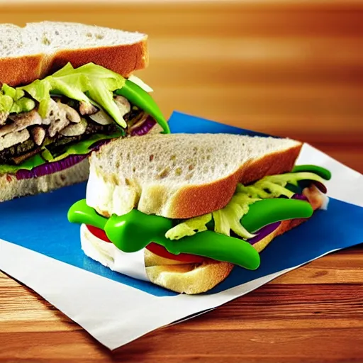 Image similar to promotional shot of the new frog sandwich from subway,