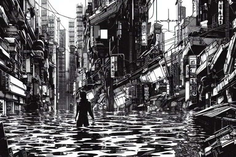 Prompt: high quality illustration of a japanese flooded cyberpunk city in the style of ghost in the shell and blame and akira, manga, black and white, pencil, traditional art, anime, by katsuhiro otomo and tsutomu nihei and masamune shirow and studio ghilibi and yukito kishiro, highly detailed, sharp lines