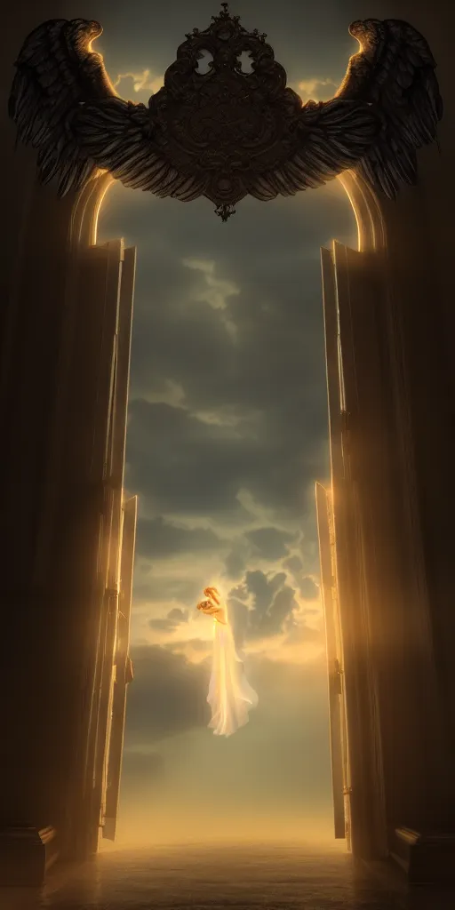 Image similar to angels falling through the gates of heaven, by Sung Choi, 8k photorealistic, cinematic lighting, HD, high details, dramatic, dark atmosphere, trending on artstation