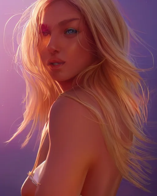 Prompt: summer vibes, beautiful sun tanned woman portrait, flowy golden hair, sun, summer, cinematic lighting, highly detailed, digital painting, trending on artstation, pixiv, concept art, sharp focus, illustration, art by ross tran and wlop