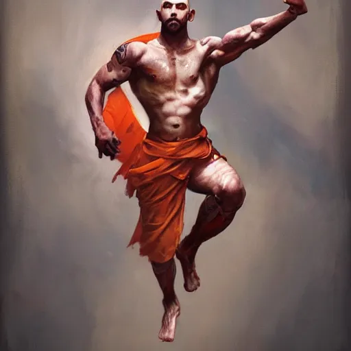 Prompt: A matte oil on canvas painting of a male martial artist monk, orchid arm tattoos by greg rutkowski and artgerm, trending on artstation, dungeons and dragons art