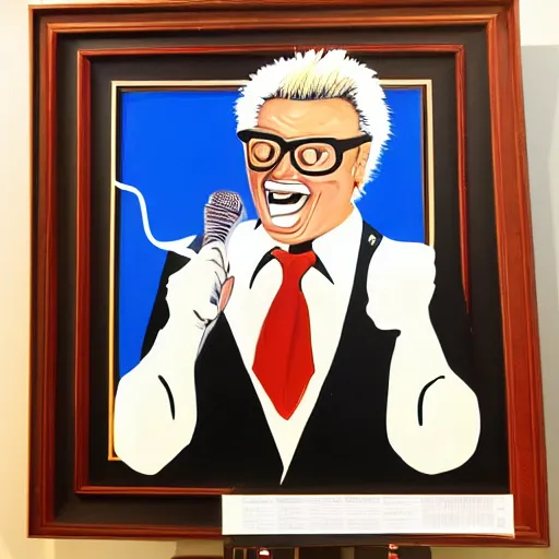 prompthunt: painting of harry caray singing in press box