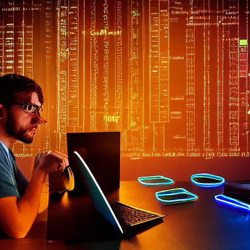 Prompt: Award-winning photograph of an software developer coding in a dimly light office with neon lights, coffee cups covering the floor, cinematic, 8k, ultra realistic