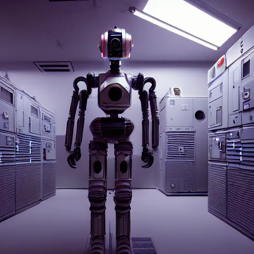 Prompt: hyperrealism detailed photography scene from stanley kubrick movie of highly detailed stylish cyberpunk droid from 2 0 7 7's as cyberpunk droid in josan gonzalez, gragory crewdson and katsuhiro otomo, mike winkelmann style with many details, working at the detailed data center by laurie greasley hyperrealism photo on dsmc 3 system volumetric epic light rendered in blender