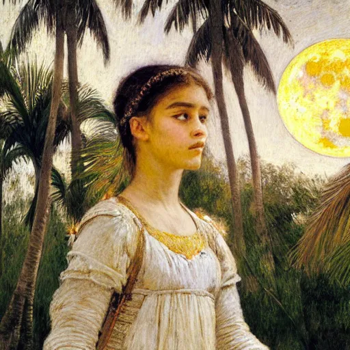 Prompt: a ultradetailed beautiful painting of the moon girl on the amazonas palace by jules bastien - lepage, hans belmer, frank weston and gustave baumann, trending on artstation, mediterranean, palm trees, light sparkles, sharp focus, soft light, 8 k 4 k