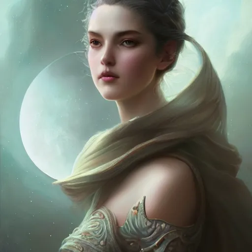 Image similar to a beautiful digital painting of a princess, princess, the moon behind her, intricate, cinematic lighting, highly detailed, digital painting, concept art, smooth, sharp focus, illustration, art by tom bagshaw, artgerm and greg rutkowski 1 0 k